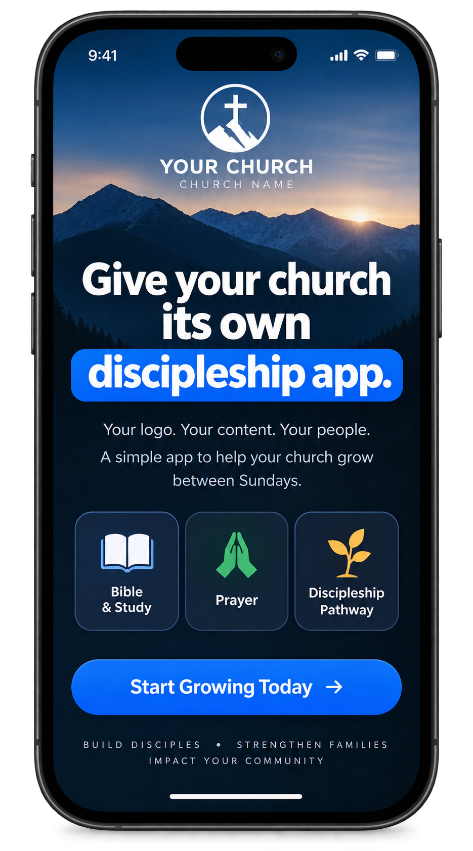 Branded church discipleship app on a phone