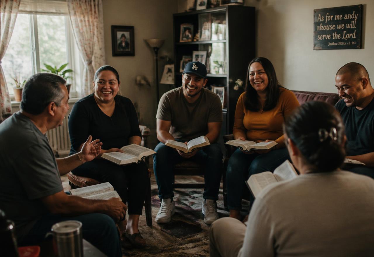 A micro-church gathered in a living room with open Bibles